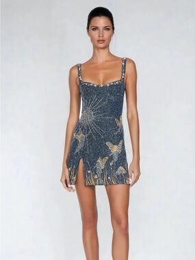Sparkly mini dress in midnight blue with Celestial design